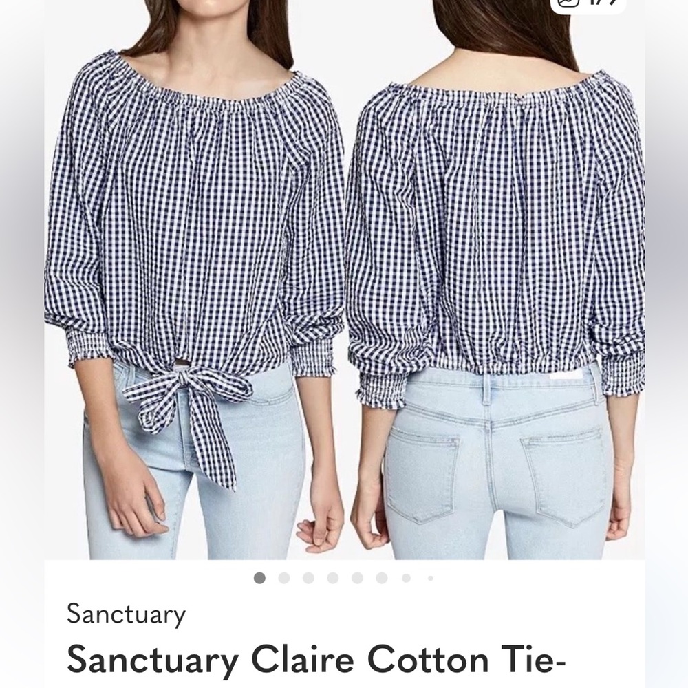 Sanctuary blouse off shoulder Claire tie front Navy seersucker small gingham euc